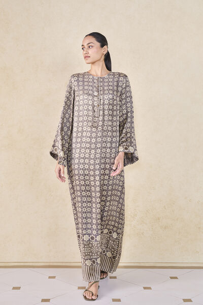 Sargassum Handcrafted Ajrakh Silk Kaftan - Grey